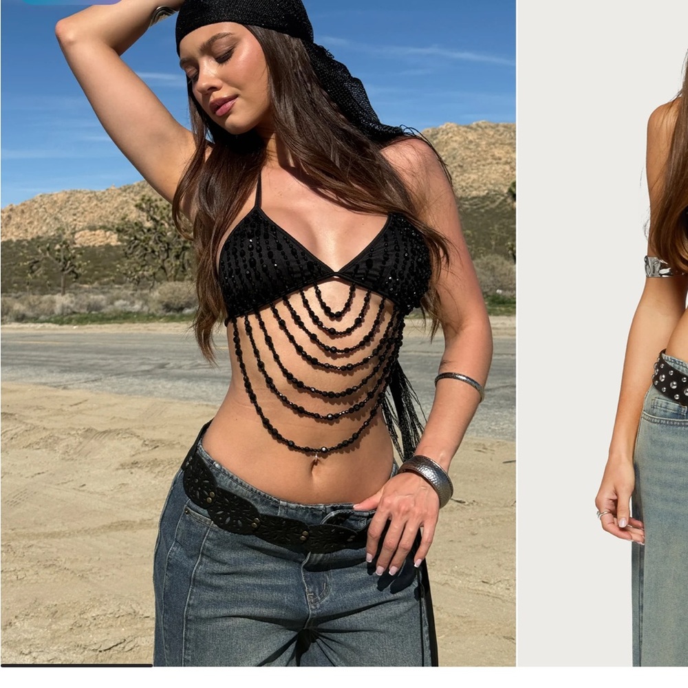Edikted Black Beaded Chain Crop Top